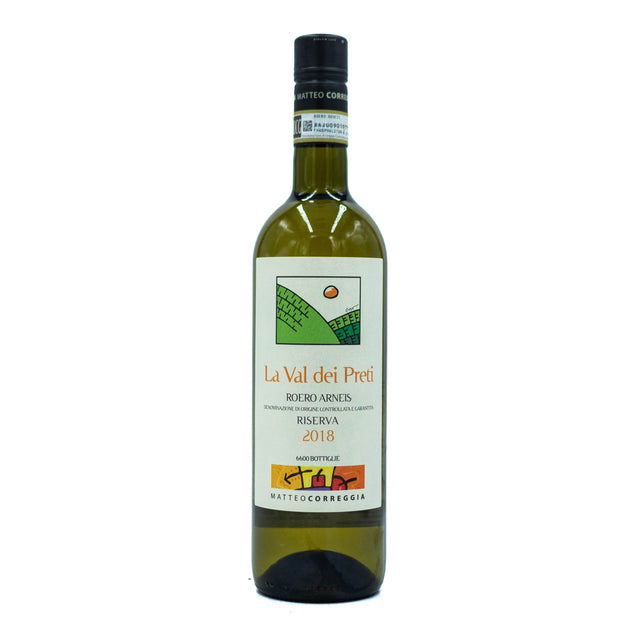 A bottle of Matteo Correggia 'La Val dei Preti' Roero Arneis 2018 wine with a white label and green decorative elements.